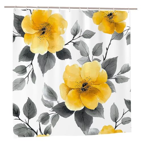 Duschvorhang Gelb Duschvorhang 180x200 Duschrollo Blumen Duschvorhänge mit Gewicht Wasserdicht Shower Curtains Waschbar Polyester Duschvorhänge mit 12 Haken Badezimmer Deko Geschenke für Frauen A-32 von Ciooyxee