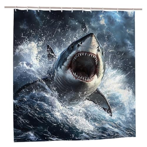 Duschvorhang Hai Duschvorhang 200x180 Duschrollo Meer Duschvorhänge mit Gewicht Wasserdicht Shower Curtains Waschbar Polyester Duschvorhänge mit 12 Haken Badezimmer Deko Geschenke für Frauen A-10 von Ciooyxee