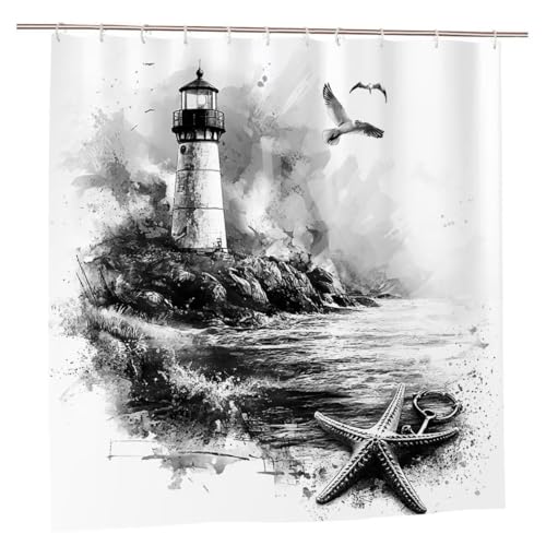 Duschvorhang Leuchtturm Duschvorhang 240x200 Duschrollo Meer Duschvorhänge mit Gewicht Wasserdicht Shower Curtains Waschbar Polyester Stoff Duschvorhänge mit 12 Haken Deko Geschenke für Frauen A-40 von Ciooyxee