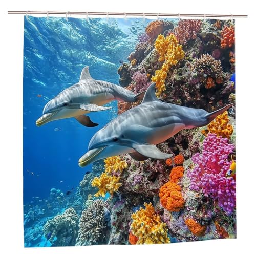 Duschvorhang Meer Duschvorhang 180x180 Duschrollo Delphin Duschvorhänge mit Gewicht Wasserdicht Shower Curtains Waschbar Polyester Duschvorhänge mit 12 Haken Badezimmer Deko Geschenke für Frauen A-80 von Ciooyxee