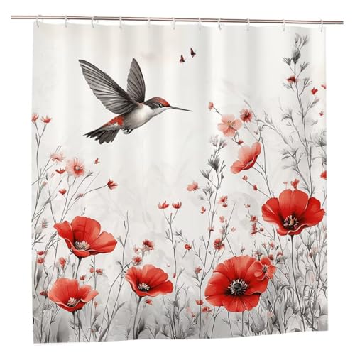 Duschvorhang Rot Duschvorhang 180x180 Duschrollo Blumen Duschvorhänge mit Gewicht Wasserdicht Shower Curtains Waschbar Polyester Duschvorhänge mit 12 Haken Badezimmer Deko Geschenke für Frauen C-98 von Ciooyxee