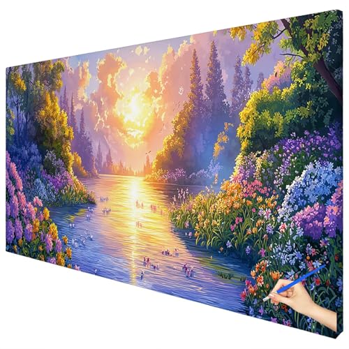 Malen Nach Zahlen Erwachsene Blumen 120x50cm XXL Malen Nach Zahlen Kinder ab 10 DIY Set Erwachsene Anfänger Paint by Numbers Sonnenuntergang Handgemalt Ölgemälde Leinwand Kit Geschenke Herbstdeko D-92 von Ciooyxee