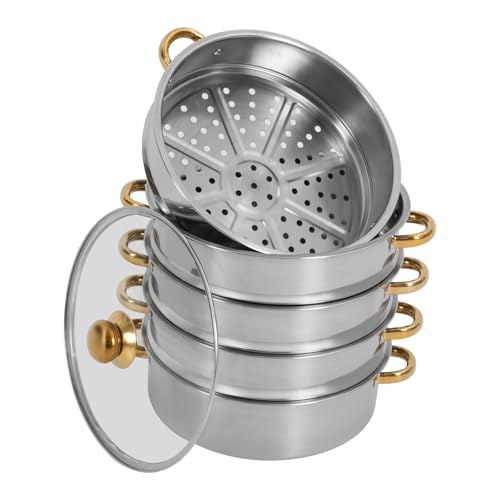 26cm Dampftopf, Dampfgarer Topf 5-Lagig mit Glasdeckel und Griff, Kartoffeldämpfer Dampfgarer Edelstahl, Dampfkocher, Dampf Kochtopf, Spülmaschinen, Induktion geeignet (Gold, Silber) von Ciounmb