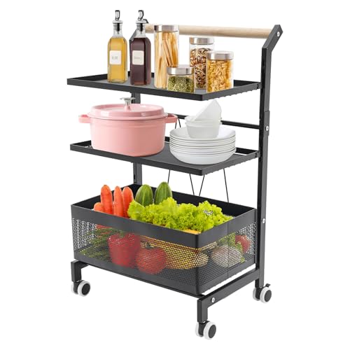 Ciounmb Aufbewahrungswagen mit Rädern 3-stufig Stauraumwagen für Küche Wohnzimmer Büro Rollwagen mit Abnehmbarem Netzkorb und Einstellbarem Abstand 42 x 32 x 69 cm (Schwarz) von Ciounmb