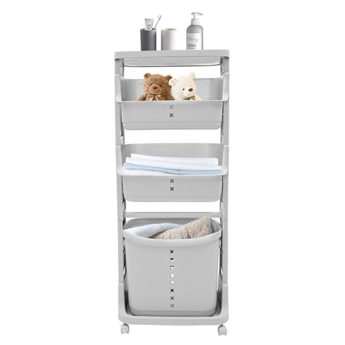 Wäschekorb abnehmbar, Wäschesammler mit Ablage, Universal-Räder, Wäschebox, tragbare Wäschekörbe, 43 * 29 * 115.5cm (4 Etagen Grau) von Ciounmb