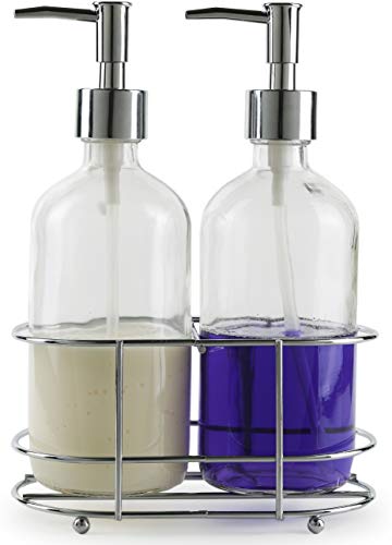 Circleware Duo-Spender, silberfarbene Akzent-Flaschenpumpen in Metall-Eimer, Set mit 2 Badezimmer-Accessoires für ätherische Öle, Lotionen, Flüssigseifen, 455 ml, transparent von Circleware