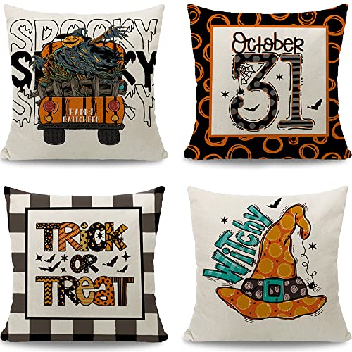 Cirzone Halloween Kissenbezug 45 x 45 cm 4er Set Trick Or Treat LKW Dekorative Kissenbezug Halloween Deko Halloween Dekoration für Home Garten Sofa Schlafzimmer von Cirzone