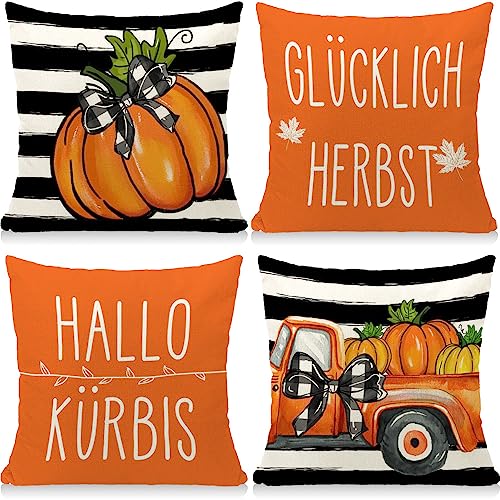 Cirzone Herbst Deko Herbst Kissenbezug 45 x 45 cm 4er Set Hallo Kürbis Herbst Dekorative Kissen Herbst Dekoration für Home Garten Sofa Schlafzimmer von Cirzone