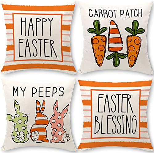 Cirzone Kissenbezug Ostern 45x45 cm 4er Set Ostern Deko Kissenhülle Ostern Kaninchen und Karotte Kissenhülle Ostern Dekoration für Heim Sofa Garten Schlafzimmer von Cirzone