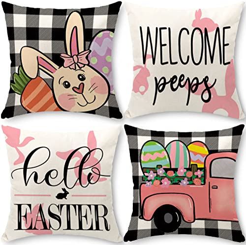 Cirzone Kissenbezug Ostern 45x45 cm 4er Set Ostern Deko Kissenhülle Ostern Rosa LKW Kissenhülle Ostern Dekoration für Heim Sofa Garten Schlafzimmer von Cirzone