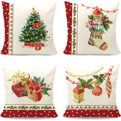 Cirzone Kissenbezug Weihnachten 40x40 cm 4er Set Weihnachten Deko Kissen Weihnachtskissen Weihnachtsbaum Weihnachtsstrümpfe Schachtel Weihnachtsdeko Weihnachten Dekoration für Home Sofa Schlafzimmer von Cirzone