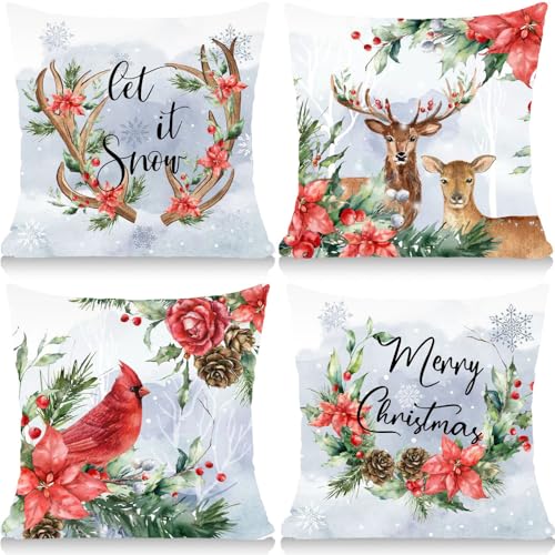 Cirzone Kissenbezug Weihnachten 40x40 cm 4er Set Weihnachten Deko Kissen Weihnachtskissen Hirsch und Vogel Weihnachtsdeko Weihnachten Dekoration für Home Sofa Schlafzimmer von Cirzone