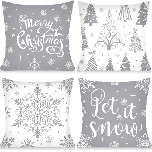 Cirzone Kissenbezug Weihnachten 40x40 cm 4er Set Weihnachten Deko Kissen Weihnachtskissen Schneeflocken und Weihnachtsbäume Weihnachtsdeko Weihnachten Dekoration für Home Sofa Schlafzimmer von Cirzone