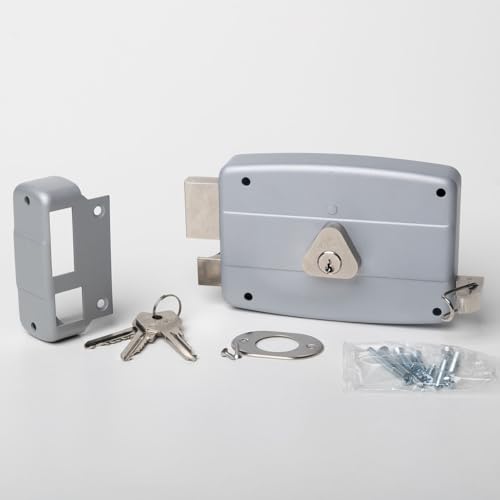 CISA - Türschloss aus Eisen zum Anbringen 15042150295 - Schloss aus grau lackiertem Stahl mit vernickeltem Zylinder und Zugstange - Türschloss für Außentor Eingang 50 - Linke Hand anwenden von Cisa