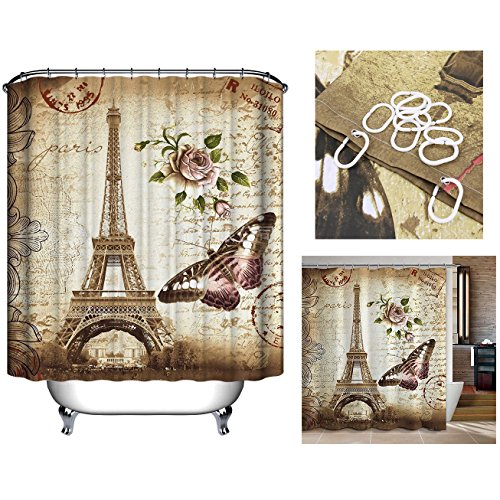 Cisixin Retro-Eiffelturm in Paris Duschvorhang Badezimmer Vorhang Wasserdicht Polyester Bad Vorhang, 180 * 180 cm von Cisixin