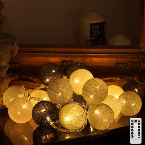 Ciskotu Baumwollkugeln Lichterkette, 20 LED USB Dimmbar Cotton Ball Lichterkette mit Fernbedienung und Timer, LED Kugeln Lichterkette Innen für Kinderzimmer Weihnachten Hochzeit Party (Grau) von Ciskotu