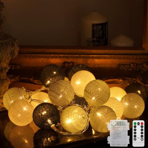 Ciskotu Baumwollkugeln Lichterkette Batteriebetrieben, 20 LED Dimmbar Cotton Ball Lichterkette mit Fernbedienung, LED Kugeln Lichterkette Innen für Kinderzimmer Weihnachten Hochzeit Party(Grau) von Ciskotu