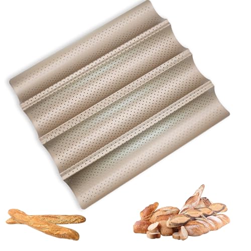 Cisolen Baguette Backblech für 4 Baguettes Backform Baguettes Brotbackformen Perforiert Französisch Stick Laib Backformen Pan Baguette Form NonStick Brot Backen Pan Rillen Wellen Kochen Tablett Form von Cisolen