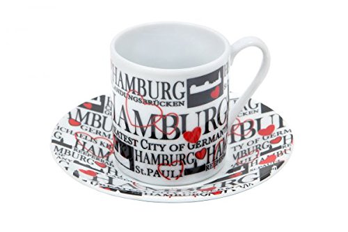 Espressotasse mit Untertasse "Hamburg" mit Herzen, weiss von City Souvenir Shop