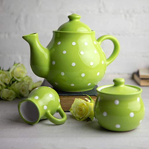 City to Cottage® - Großes Tee Set | Grün und Weiß | Polka Dots | Handgemacht | Keramik Teekanne 1,7 Liter, Milchkännchen, Zuckerdose von City to Cottage