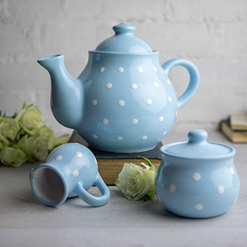 City to Cottage - Großes Tee Set | Hellblau und Weiß | Polka Dots | Handgemacht | Keramik Teekanne 1,7 Liter, Milchkännchen, Zuckerdose von City to Cottage