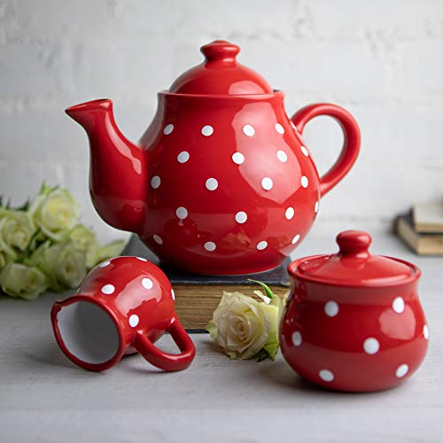 City to Cottage® - Großes Tee Set | Rot und Weiß | Polka Dots | Handgemacht | Keramik Teekanne 1,7 Liter, Milchkännchen, Zuckerdose von City to Cottage