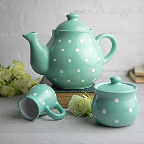 City to Cottage® - Großes Tee Set | Türkis und Weiß | Polka Dots | Handgemacht | Keramik Teekanne 1,7 Liter, Milchkännchen, Zuckerdose von City to Cottage