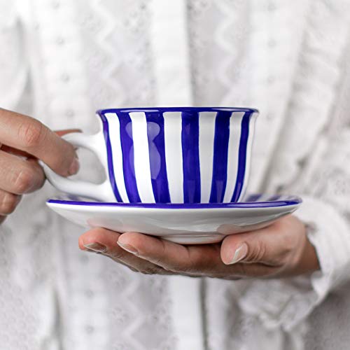 City to Cottage® - Kaffeebecher Teetasse 250 ml | Blau-Weiß gestreift | Handgemacht | Keramik Geschirr | Cappuccino Tasse mit Untertasse von City to Cottage