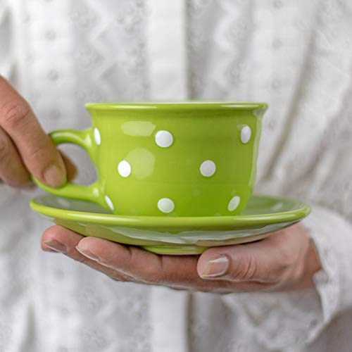 City to Cottage® - Kaffeebecher Teetasse 250 ml | Grün und Weiß | Polka Dots | Handgemacht | Keramik Geschirr | Cappuccino Tasse mit Untertasse von City to Cottage