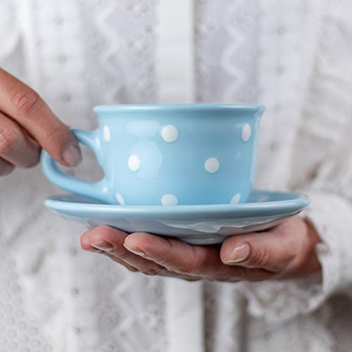 City to Cottage® - Kaffeebecher Teetasse 250 ml | Hellblau und Weiß | Polka Dots | Handgemacht | Keramik Geschirr | Cappuccino Tasse mit Untertasse von City to Cottage