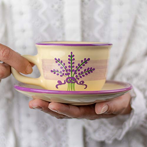 City to Cottage® - Kaffeebecher Teetasse 250 ml | Lavendel Motiv | Handgemacht | Keramik Geschirr | Cappuccino Tasse mit Untertasse von City to Cottage