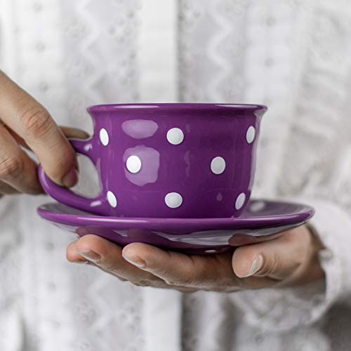 City to Cottage® - Kaffeebecher Teetasse 250 ml | Lila und Weiß | Polka Dots | Handgemacht | Keramik Geschirr | Cappuccino Tasse mit Untertasse von City to Cottage