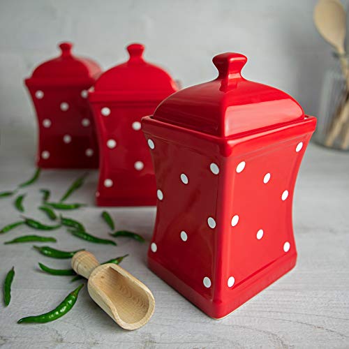 City to Cottage® - Keramik Behälter Küche 900 ml | 3er-Set | Rot und Weiß | Polka Dots | Handgemacht | Behälter mit Deckel | Keksdose Keramik von City to Cottage