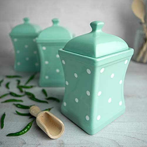 City to Cottage® - Keramik Behälter Küche 900 ml | 3er-Set | Türkis und Weiß | Polka Dots | Handgemacht | Behälter mit Deckel | Keksdose Keramik von City to Cottage
