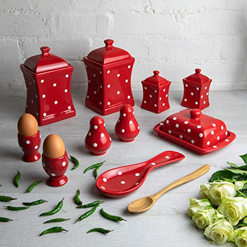 City to Cottage® - Keramik Geschirr Set 10-teilig | Rot und Weiß | Polka Dots | Handgemacht | Behälter Küche, Butterdose, Eierbecher, Salzstreuer und Pfefferstreuer, Löffelablage von City to Cottage