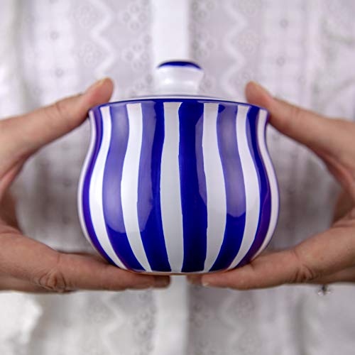 City to Cottage® - Keramik Geschirr Zuckerdose | Blau-Weiß gestreift | Handgemacht | Keramik Zucker Schälchen 285 g von City to Cottage
