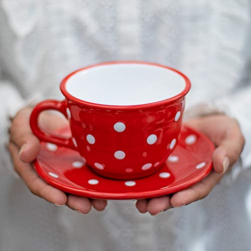 City to Cottage - Keramik Kaffebecher Teetasse 350 ml Rot und Weiß, Polka Dots Handgemacht Kaffeetasse mit Untertasse, Cappuccino Tasse von City to Cottage