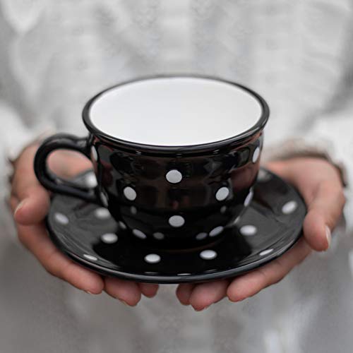 City to Cottage® - Keramik Kaffebecher Teetasse 350 ml | Schwarz und Weiß | Polka Dots | Handgemacht | Kaffeetasse mit Untertasse | Cappuccino Tasse von City to Cottage