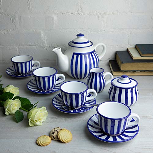 City to Cottage® - Keramik Tee Set für 4 | Blau-Weiß gestreift | Handgemacht | Keramik Teekanne 1,7 Liter, Milchkännchen, Zuckerdose, 4 Teetassen mit Untertassen von City to Cottage