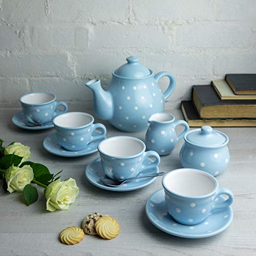 City to Cottage® - Keramik Tee Set für 4 | Hellblau und Weiß | Polka Dots | Handgemacht | Keramik Teekanne 1,7 Liter, Milchkännchen, Zuckerdose, 4 Teetassen mit Untertassen von City to Cottage