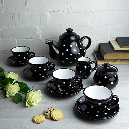 City to Cottage® - Keramik Tee Set für 4 | Schwarz und Weiß | Polka Dots | Handgemacht | Keramik Teekanne 1,7 Liter, Milchkännchen, Zuckerdose, 4 Teetassen mit Untertassen von City to Cottage