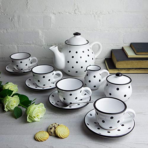 City to Cottage® - Keramik Tee Set für 4 | Weiß und Schwarz | Polka Dots | Handgemacht | Keramik Teekanne 1,7 Liter, Milchkännchen, Zuckerdose, 4 Teetassen mit Untertassen von City to Cottage