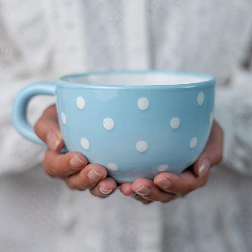 City to Cottage® - Keramik XXL Tasse 500 ml | Kaffeebecher | Hellblau und Weiß | Polka Dots | Handgemacht | Keramik Geschirr | Große Tasse von City to Cottage