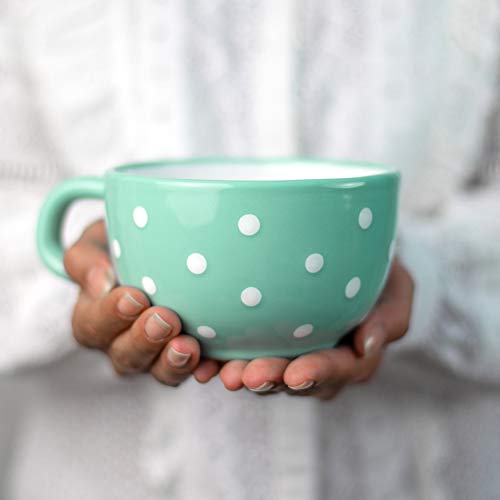 City to Cottage® - Keramik XXL Tasse 500 ml | Kaffeebecher | Türkis und Weiß | Polka Dots | Handgemacht | Keramik Geschirr | Große Tasse von City to Cottage