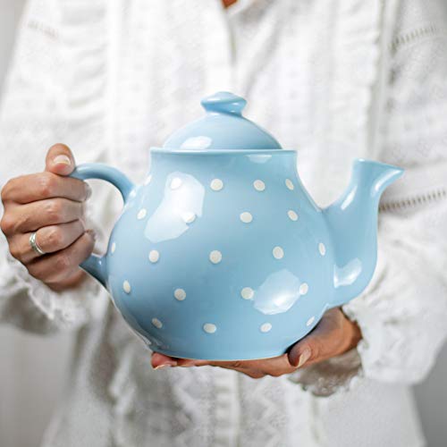 City to Cottage® - Teekanne für 4-6 Tassen | Hellblau und Weiß | Polka Dots | Handgemacht | Teekanne Keramik Geschirr | 1,7 Liter von City to Cottage