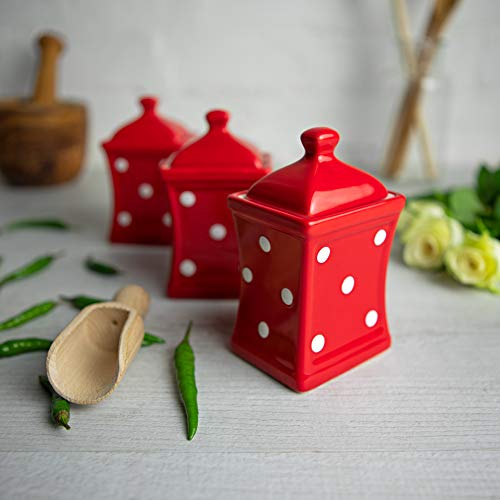 City to Cottage - Keramik Behälter Küche 150 ml | 3er-Set | Rot und Weiß | Polka Dots | Handgemacht | Behälter mit Deckel | Keksdose Keramik von City to Cottage