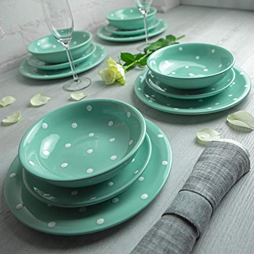 City to Cottage - Teller Set 12-teilig Türkis und Weiß Polka Dots Handgemacht Keramik Geschirr Set, Essgeschirr Service 4 Personen von City to Cottage
