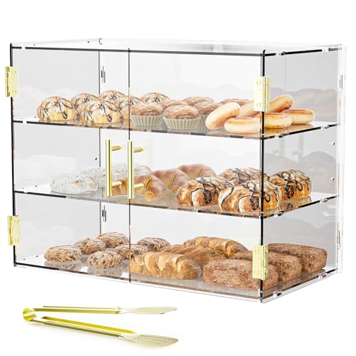 Cityjoy 3-stöckige Aufsatzvitrine mit elastischer Autotür, 49,5 x 37,8 x 26,2 cm, Acryl, Gebäckvitrine, Lebensmittelvitrine, Box für Brot, Dessert, Kekse, Backen von Cityjoy