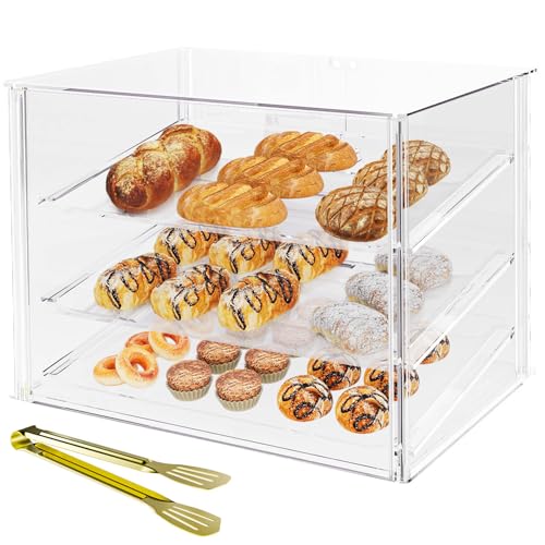 Cityjoy Backvitrine mit 3 Ablagen und magnetischen Hintertüren – 52,8 x 40,1 x 42,9 cm, Acryl-Gebäckvitrine mit abnehmbaren Tabletts und Stahlzange, Lebensmittelvitrine für Donut-Brotkuchen von Cityjoy