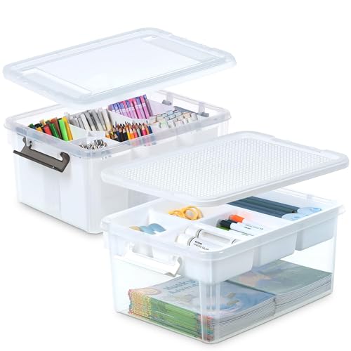 Citylife 1+1 Aufbewahrungsboxen mit Deckel, 16L aus Kunststoff mit Gebäude Grundplatte Deckel und abnehmbarem Tablett, Craft Veranstalter | Clear Storage box für die Organisation von, Perle, Werkzeug von Citylife